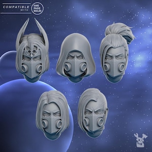 Puede incluir: Cinco cabezas en miniatura impresas en 3D con diferentes peinados y máscaras de gas. Las cabezas son grises y tienen un diseño detallado. Las máscaras tienen dos agujeros redondos a cada lado.