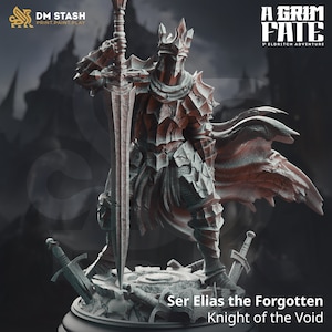 May include: A miniature figurine of a knight in dark armor, holding a sword and wearing a crown. The knight is standing on a broken stone base. The figurine is painted in shades of gray and red. The text "Ser Elias the Forgotten Knight of the Void" is printed below the figurine.