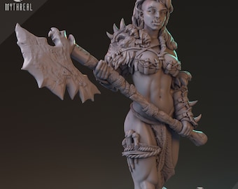 May include: A grey 3D printed miniature of a female orc warrior holding a large axe. She is wearing a leather bra and a fur-lined shoulder pad. The miniature is pre-supported and ready to be printed.