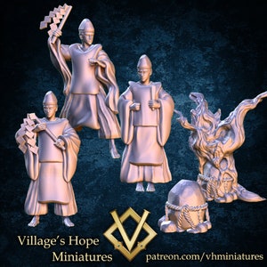 May include: Four miniature figures in a light brown color, wearing robes and holding various objects. The figures are standing on a dark blue background. There is a tree stump with a rock on top of it in the background. The text "Village's Hope Miniatures" is at the bottom of the image.