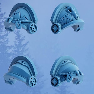 May include: Set of eight blue plastic miniature shoulder pads with various designs, including a wolf head, runes, and geometric patterns.