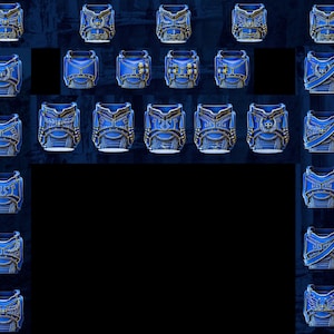 May include: A collection of 20 blue and gold armor pieces with various designs. The armor pieces are arranged in rows and columns on a dark blue background.
