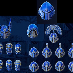 Peut inclure: Une collection de casques bleus et dorés avec différents motifs. Certains casques ont des ailes, des crêtes et d'autres éléments décoratifs. Les casques sont disposés en grille sur un fond sombre.