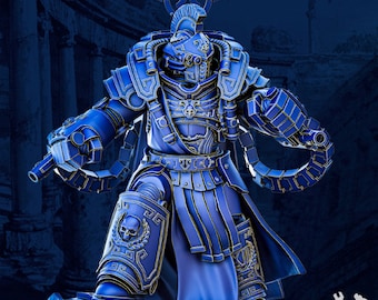 May include: A blue and gold detailed action figure of a warrior wearing a helmet and armor. The figure is holding a weapon in one hand and has a cape flowing behind it.
