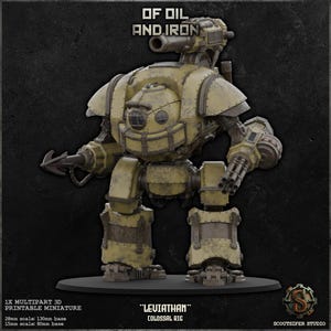 Puede incluir: Miniatura impresa en 3D de un colosal aparejo llamado "Leviathan". El modelo es principalmente amarillo con acentos metálicos, con un cañón grande, múltiples cañones y un accesorio en forma de garra. La base es de 13 cm para la escala de 28 mm y 8 cm para la escala de 15 mm.