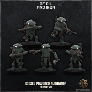 May include: Five green and brown Diesel Powered Automata infantry kit miniatures. Each robot has a round head with a glowing white eye and is posed with a weapon. The text "OF OIL AND IRON" and "DIESEL POWERED AUTOMATA INFANTRY KIT" are visible.