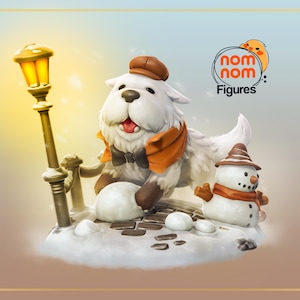 May include: A whimsical figurine featuring a white dog wearing a brown hat and orange scarf, standing next to a snowman. A golden lamppost and snowballs complete the winter scene. The logo "nom nom Figures" is in the upper right corner.