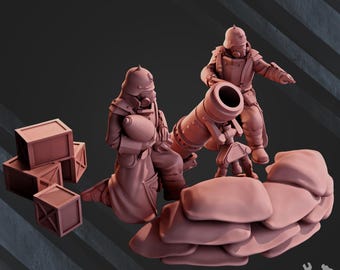May include: Two miniature figures in military uniforms operate a mortar, positioned behind sandbags. The figures are painted in a muted brown color, and the mortar is a dark grey.