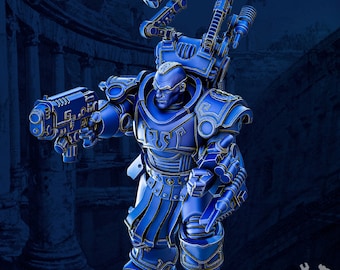 May include: A blue robot figure with a gun in its right hand and a mechanical arm on its back. The robot is wearing a blue and gold suit of armor.