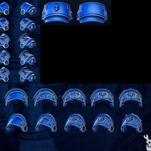 May include: A set of 20 blue plastic shoulder pads with gold trim and various designs, including a skull, a winged symbol, and a geometric pattern.