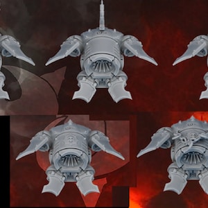 Puede incluir: Colección de cinco figuras en miniatura grises de aspecto futurista, posiblemente para juegos de mesa o modelismo. Cada figura tiene un cuerpo central con extensiones en forma de alas y una sección frontal detallada. Fondo rojo y negro.