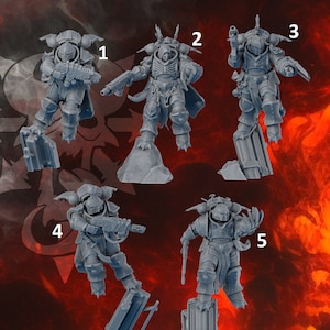 May include: Five gray plastic miniature figures of space warriors with weapons and armor. The figures are numbered 1 through 5.