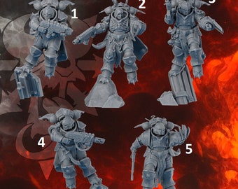 May include: Five gray plastic miniature figures of space warriors with weapons and armor. The figures are numbered 1 through 5.