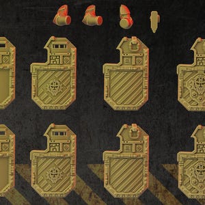 May include: Eight different metal door panels for a miniature wargaming set. The panels are gold in colour and feature different designs, including a skull, a chain, and a series of small circles.