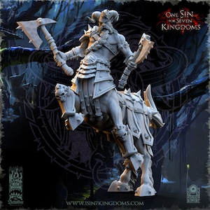 May include: A grey, detailed miniature figurine of a minotaur warrior riding a horse. The warrior is holding a large axe in one hand and a smaller axe in the other. The horse is wearing armour and has a skull on its leg. The figurine is part of the One Sin for Seven Kingdoms game.