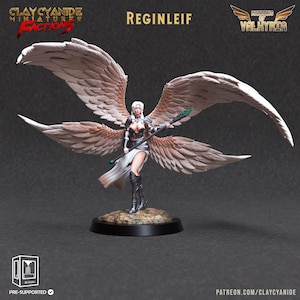 May include: A white female angel miniature with large feathered wings, holding a spear with a green gem at the end. The miniature is standing on a round base. The miniature is titled "Reginleif" and is part of the "Maidens of Valkyria" series.