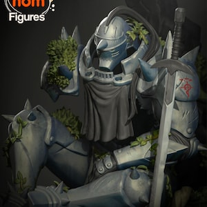 May include: A detailed, gray, metal sculpture of a figure in armor, sitting with a sword at its side. The figure is covered in vines and has a black cape. The sculpture is set against a dark background.