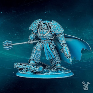 May include: A detailed, light blue miniature figure of a warrior in ornate armor, holding a staff with a multi-faceted head. The figure stands on a textured base, with a flowing cape. The design features intricate patterns.