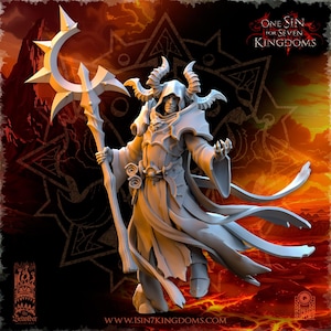 May include: A grey plastic miniature of a demon figure wearing a hooded robe and holding a staff with a crescent moon shape at the top. The figure is standing on a fiery background with the text "One Sin for Seven Kingdoms" at the top of the image.