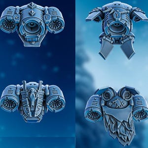 May include: Four different blue plastic model spaceship parts. Each part is a different design with a variety of details. The parts are for a model kit.