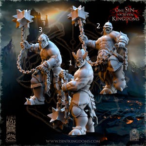 May include: Three gray plastic miniatures of orcs holding spiked chain weapons. The orcs are wearing armor and have angry expressions. The background is a dark fantasy landscape. The text "One Sin for Seven Kingdoms" is visible in the top right corner.
