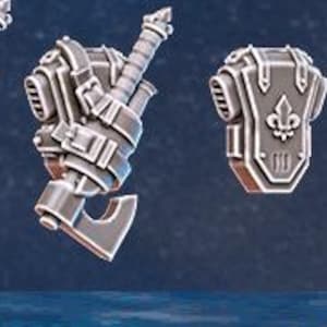 May include: Four miniature 3D printed models of a fantasy character's armor and weapons. The models are gray and feature a sword, an axe, a shield with a fleur-de-lis design, and a backpack with straps.