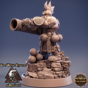 May include: A detailed miniature figurine of a dwarf holding a cannon, with a mohawk and goggles. The dwarf is wearing a kilt and has a belt with pouches. The cannon is decorated with intricate details. The figurine is standing on a rocky base.