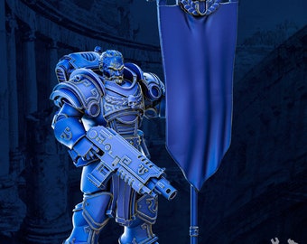 May include: A blue and gold space marine miniature holding a gun and standing next to a blue banner with a skull and wreath emblem.