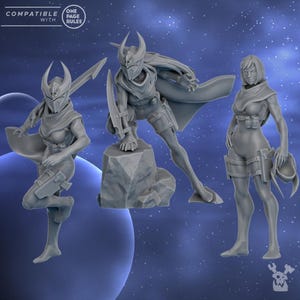 May include: Three gray plastic miniature figures of female characters wearing futuristic clothing and helmets. The figures are posed in action stances and are compatible with One Page Rules.