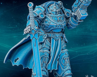 May include: A detailed, light blue figurine of a futuristic warrior in ornate armor, holding a large sword and a futuristic gun. The figure has a cape and is set against a blue background with a space-like design.