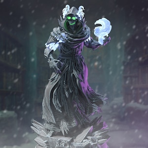 May include: A skeletal figure wearing a black hooded robe with a flowing white scarf. The figure has glowing green eyes and is holding a swirling blue orb in its hand. The figure is standing on a base of jagged ice.