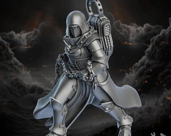 May include: A grey, hooded figure with a chain weapon and a backpack. The figure is wearing a long, flowing robe and has a helmet with a visor. The figure is standing on a dark, cloudy background.