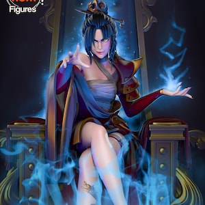 May include: A woman with long black hair and a crown sits on a throne with a red and gold robe. She is holding her hands up, and blue flames are coming from them. The throne is surrounded by blue flames.