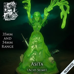 May include: A green, acid slime creature with a female humanoid form, with long green hair and a skull at its base. The creature is posed with arms raised, and the text "ASITA (ACID SLIME)" is printed below. The text "35MM AND 54MM RANGE" is printed in the upper left corner of the image.