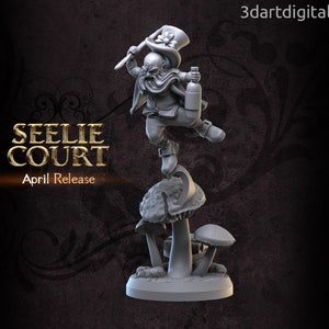 May include: A miniature figurine of a gnome wearing a hat with a flower on top, holding a bottle and a stick. The gnome is standing on a mushroom with other mushrooms around it. The figurine is painted in a gray color.