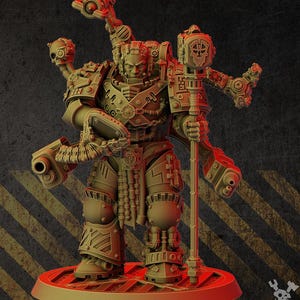 May include: A detailed miniature of a robot figure with multiple arms and a skull-shaped weapon. The figure is painted in a metallic gold color and stands on a circular base.