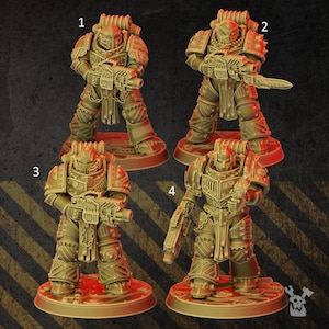 May include: Four miniature figures of space marines in gold armor, each holding a weapon. The figures are standing on circular bases with numbers 1 through 4 printed on them.