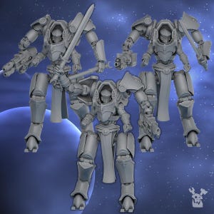 May include: Three gray, articulated, robot figures with swords and guns. The figures are standing on a blue and white background.