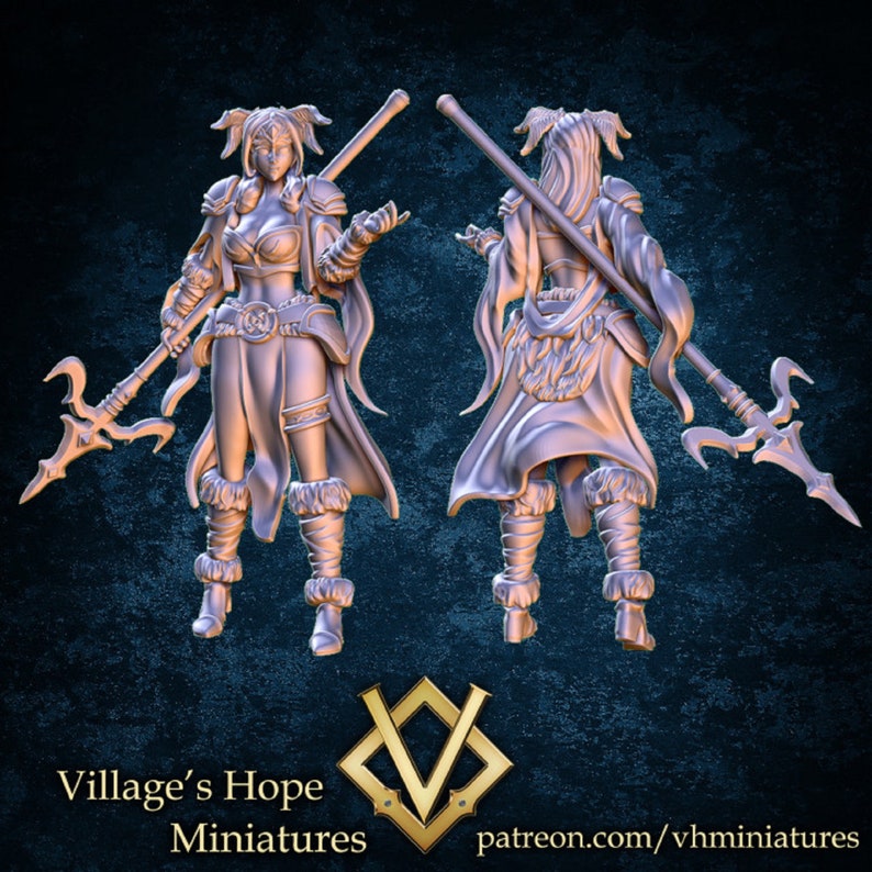 May include: A 3D printed miniature of a female warrior with a spear, wearing a fur-trimmed outfit and armor. The miniature is shown from the front and back.