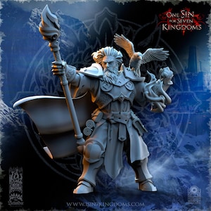 May include: A grey plastic miniature of a male wizard with a long white beard, holding a staff with a flame at the top. He is wearing a long robe and armor, and has a bird perched on his shoulder. The miniature is from the game "One Sin for Seven Kingdoms".