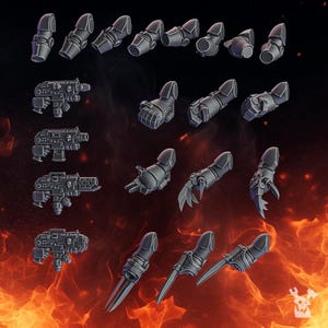 May include: A set of 3D printed plastic miniatures for tabletop wargaming. The set includes various poses of arms and weapons, including a pistol, a rifle, and a claw.