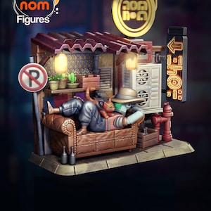 May include: A hand-painted figurine of a robot sitting on a couch with a cat. The robot is wearing a hat and sunglasses. The figurine is set in a small, detailed diorama with a red fire hydrant, a street sign, and a building with a sign that says "Nom Nom".