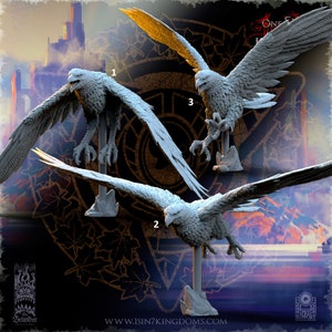 May include: Three gray resin miniature eagle figurines with outstretched wings, perched on separate bases. The figurines are numbered 1, 2, and 3. The background features a stylized design with a circular pattern and a blurred image of a cityscape.