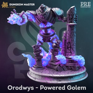 May include: A 3D printed miniature of a powerful golem, standing on a stone base with blue flames. The golem is made of metal and has a detailed design with runes and symbols. The miniature is painted in a metallic grey color with blue accents.