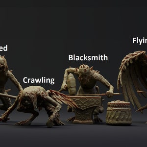 May include: Five detailed miniature figures of creatures with different characteristics, including scaled, crawling, blacksmith, flying, and a creature holding a hammer and anvil. The figures are made of a light brown material and have a realistic appearance.