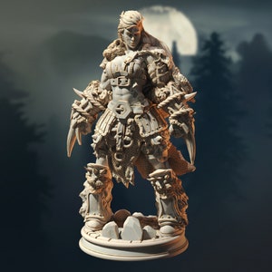 May include: A white painted figurine of a female warrior wearing armor and fur. She is holding a weapon in her right hand and has a fierce expression on her face.
