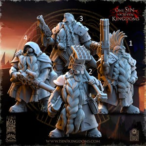 May include: Four detailed miniature figures of bearded warriors, each holding a weapon. The figures are in various poses, with intricate armor and facial details. The text "ONE SIN FOR SEVEN KINGDOMS" is visible.