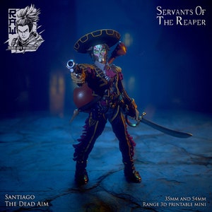 Puede incluir: Una figura en miniatura impresa en 3D de un personaje esquelético que lleva un traje negro y dorado con una faja roja y un sombrero de ala ancha. La figura sostiene una pistola en una mano y una espada en la otra. La figura está de pie sobre una superficie texturizada. El texto "Servants of the Reaper" está en la esquina superior derecha de la imagen. El texto "Santiago The Dead Aim" está en la esquina inferior izquierda de la imagen. El texto "35mm and 54mm Range 3D Printable Mini" está en la esquina inferior derecha de la imagen.