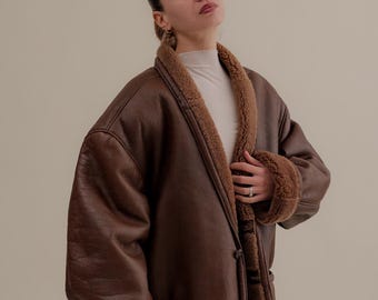 Vintage Brown Shearling Leather Coat | Oversized Sheepskin Jacket | Women Winter Fur Lined Coat