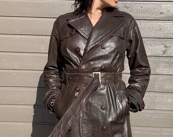 90年代ヴィンテージレザートレンチコート：ブラックマトリックス